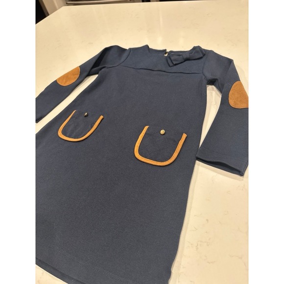 Hope & Henry Girls Navy Blue Organic Cotton Quilted Bow Dress with Elbow Patches - Picture 2 of 9